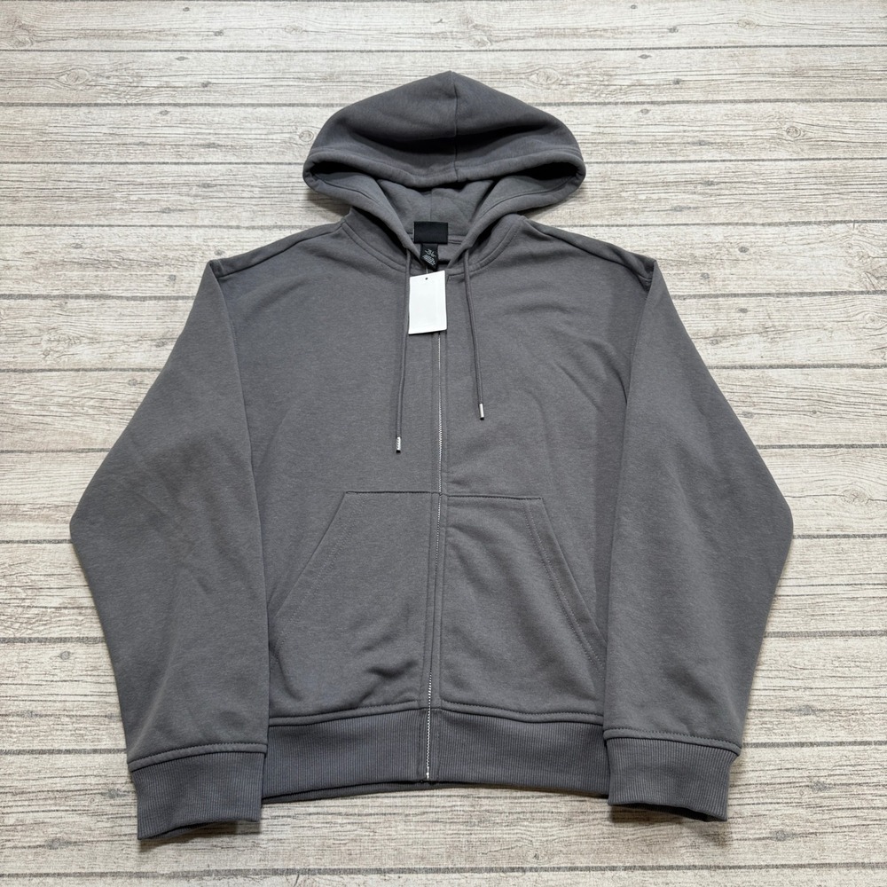 NEW H&M Hoodie Men's Small Gray Loose Fit Fleece Lined Zip Up Athleisure Varsity